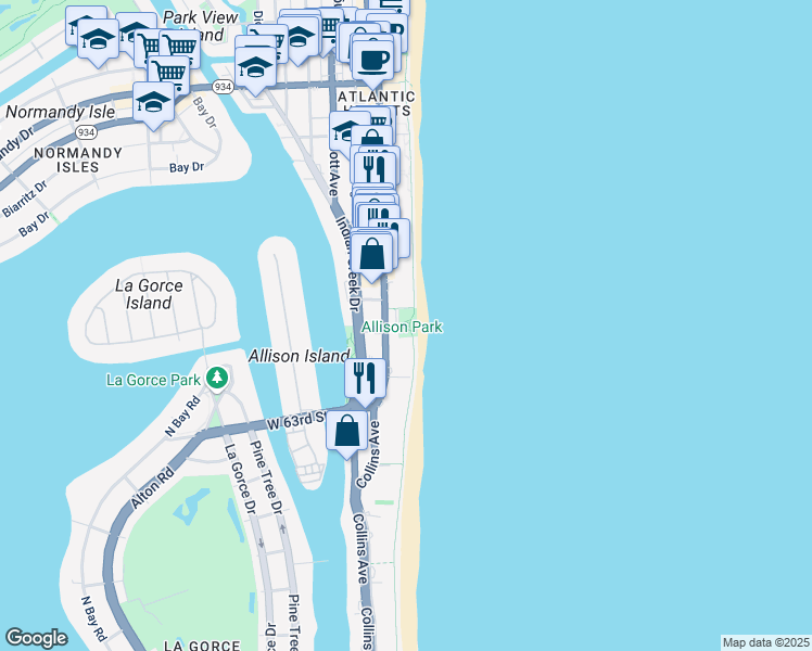 map of restaurants, bars, coffee shops, grocery stores, and more near 6500 Collins Avenue in Miami Beach