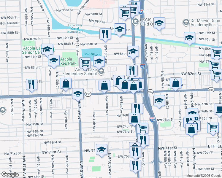 map of restaurants, bars, coffee shops, grocery stores, and more near 913 Northwest 80th Street in Miami