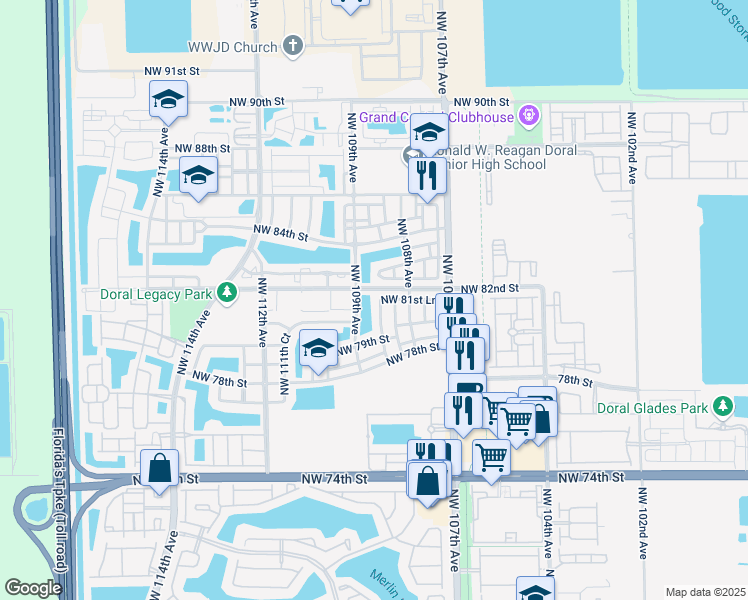 map of restaurants, bars, coffee shops, grocery stores, and more near 8188 Northwest 108th Place in Miami