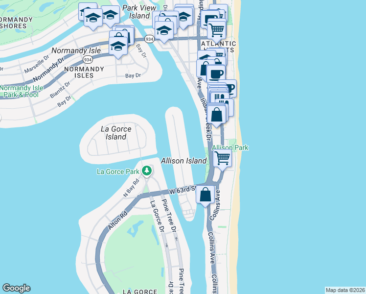 map of restaurants, bars, coffee shops, grocery stores, and more near 6505 Allison Road in Miami Beach