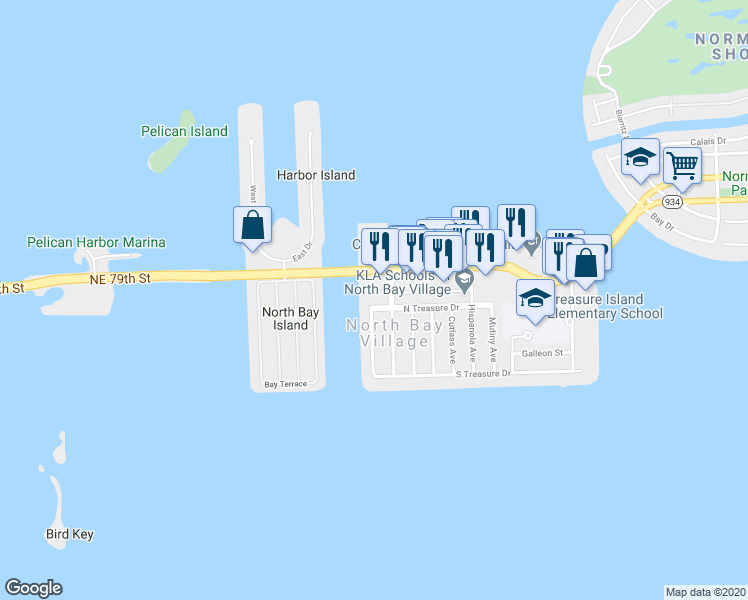 map of restaurants, bars, coffee shops, grocery stores, and more near 130 North Bay Causeway in North Bay Village