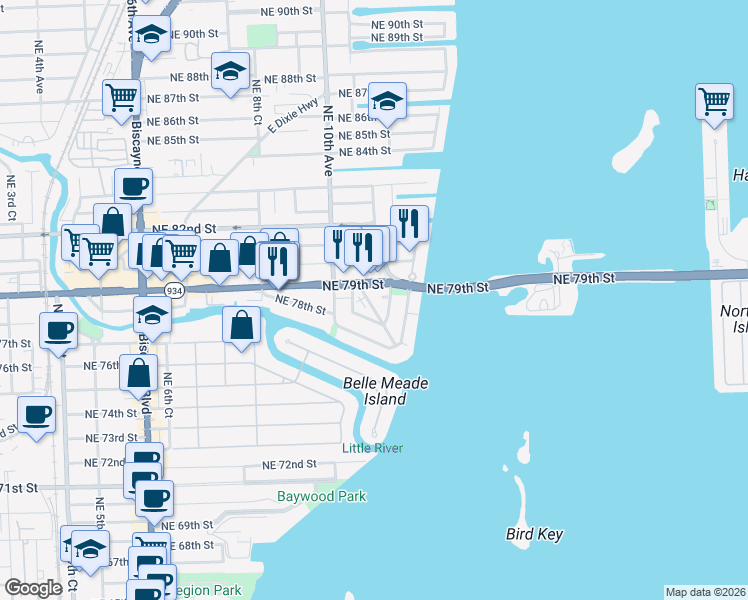 map of restaurants, bars, coffee shops, grocery stores, and more near in Miami