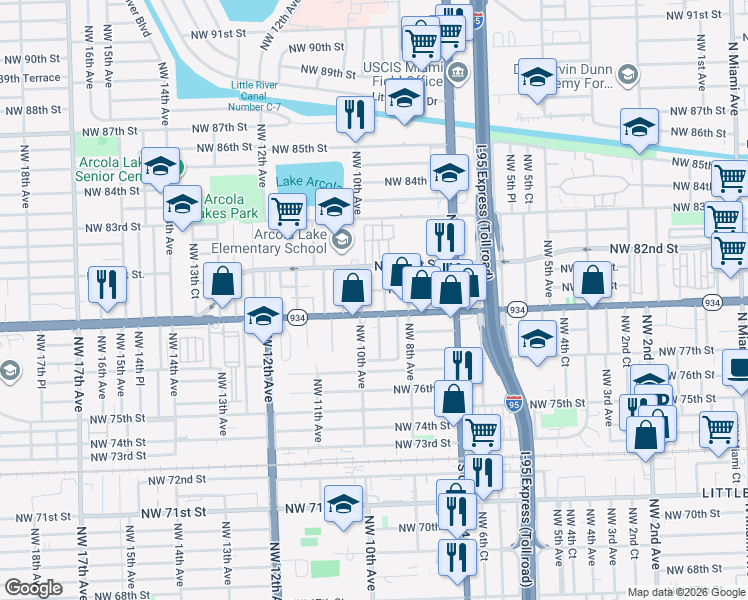 map of restaurants, bars, coffee shops, grocery stores, and more near 913 Northwest 80th Street in Miami