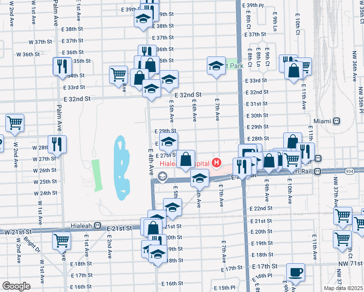 map of restaurants, bars, coffee shops, grocery stores, and more near 565 East 28th Street in Hialeah