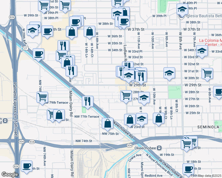 map of restaurants, bars, coffee shops, grocery stores, and more near 111 West 29th Street in Hialeah