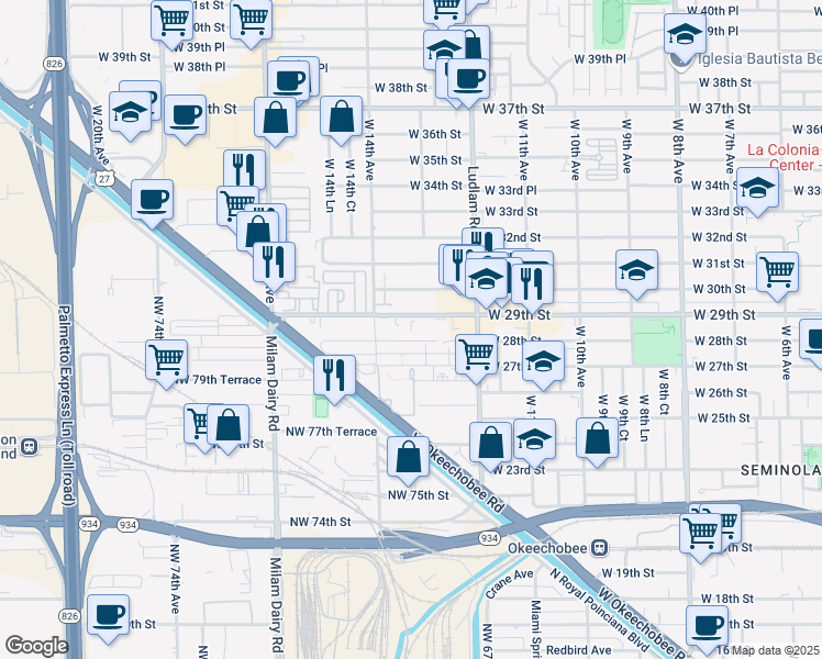 map of restaurants, bars, coffee shops, grocery stores, and more near 111 West 29th Street in Hialeah