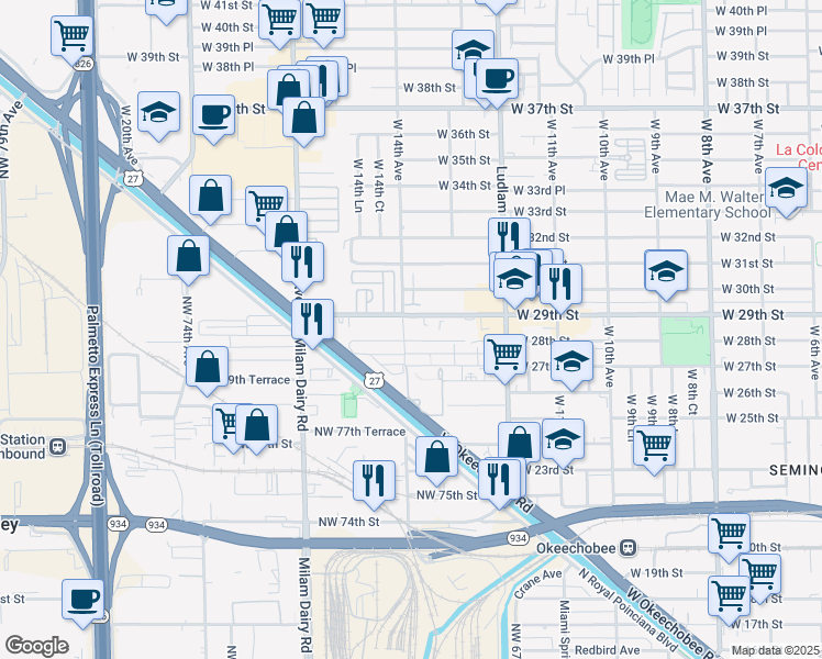 map of restaurants, bars, coffee shops, grocery stores, and more near in Hialeah