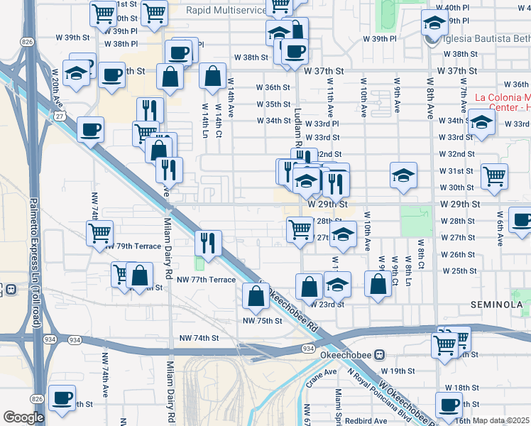 map of restaurants, bars, coffee shops, grocery stores, and more near 111 West 29th Street in Hialeah