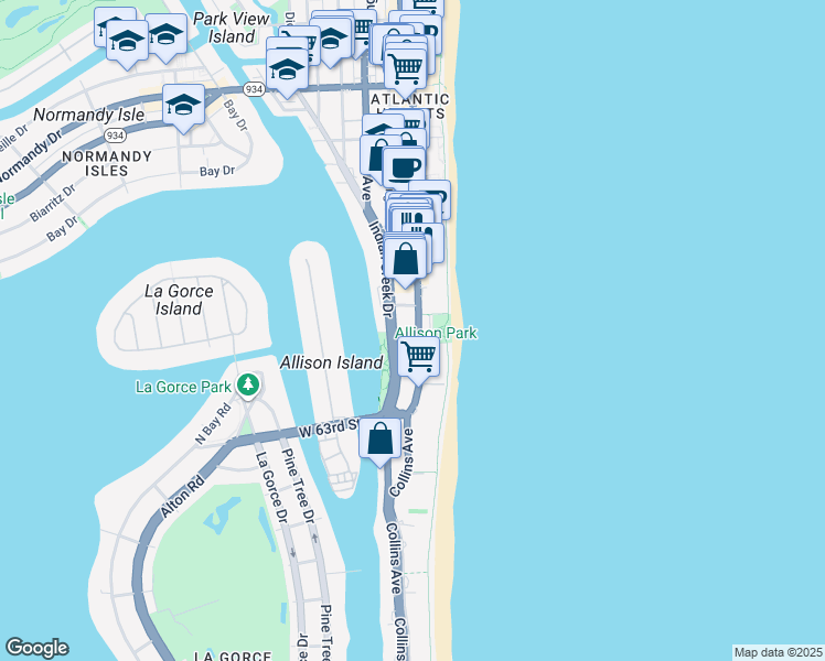 map of restaurants, bars, coffee shops, grocery stores, and more near 6495 Indian Creek Drive in Miami Beach