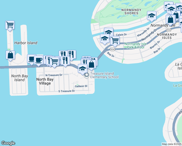 map of restaurants, bars, coffee shops, grocery stores, and more near 7605 East Treasure Drive in North Bay Village