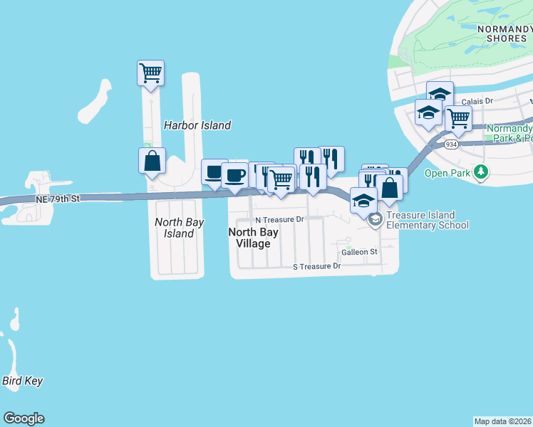 map of restaurants, bars, coffee shops, grocery stores, and more near 1580 John F Kennedy Causeway in North Bay Village