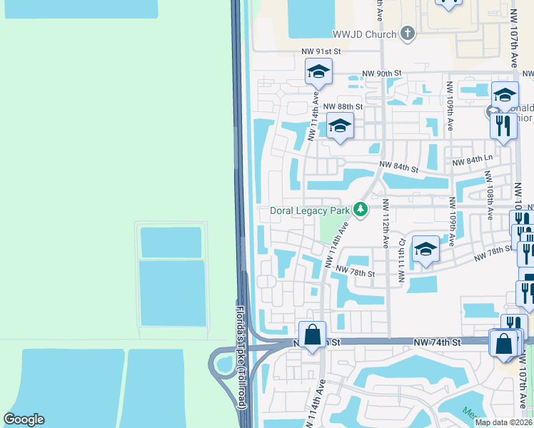 map of restaurants, bars, coffee shops, grocery stores, and more near 8204 Northwest 115th Court in Doral