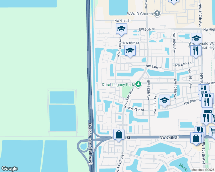 map of restaurants, bars, coffee shops, grocery stores, and more near 8204 Northwest 115th Court in Doral