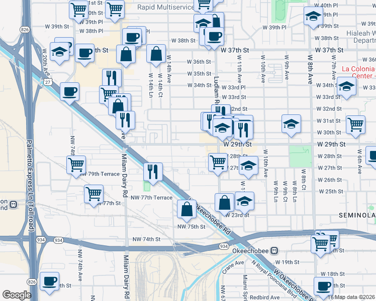 map of restaurants, bars, coffee shops, grocery stores, and more near 111 West 29th Street in Hialeah