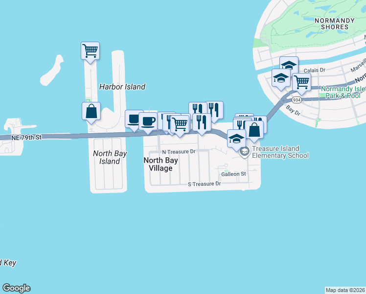 map of restaurants, bars, coffee shops, grocery stores, and more near 1580 John F Kennedy Causeway in North Bay Village