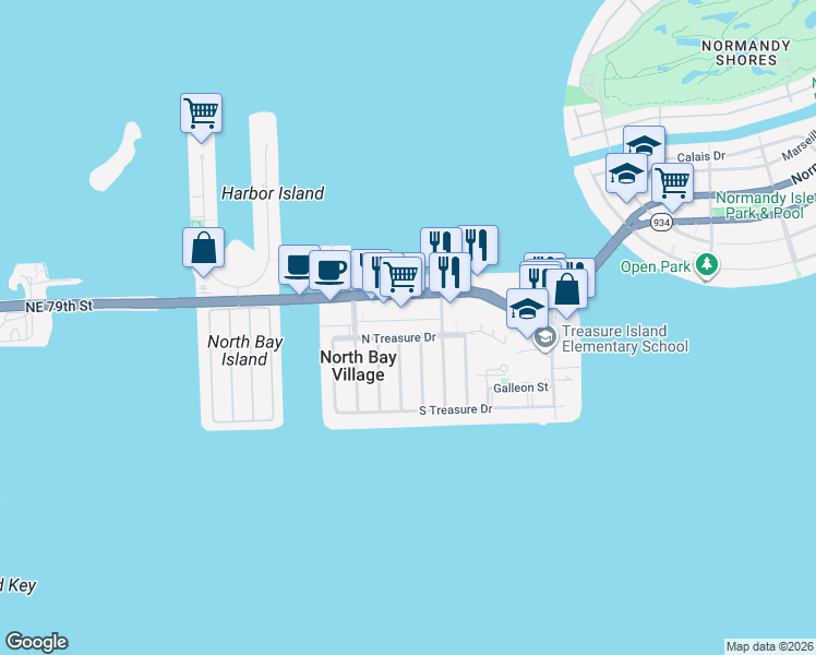 map of restaurants, bars, coffee shops, grocery stores, and more near 1629 North Treasure Drive in North Bay Village