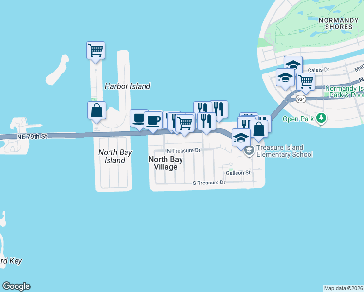 map of restaurants, bars, coffee shops, grocery stores, and more near 1575 North Treasure Drive in North Bay Village