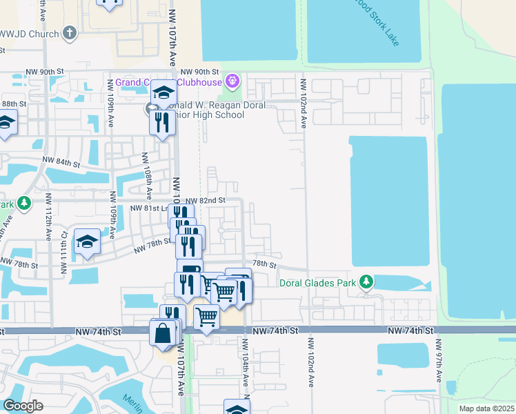 map of restaurants, bars, coffee shops, grocery stores, and more near 8195 Northwest 104th Avenue in Doral