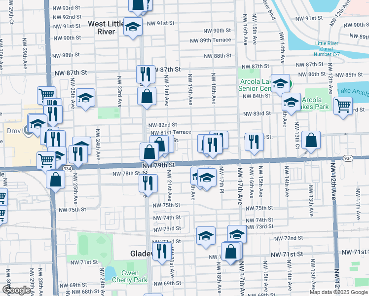 map of restaurants, bars, coffee shops, grocery stores, and more near 1901 Northwest 79th Street in Miami