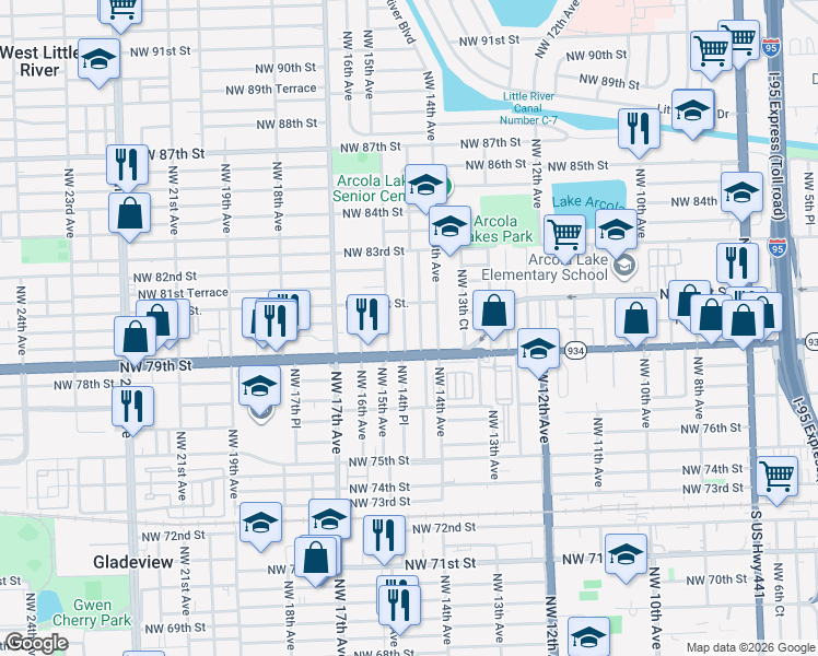 map of restaurants, bars, coffee shops, grocery stores, and more near 8000 Northwest 14th Place in Miami