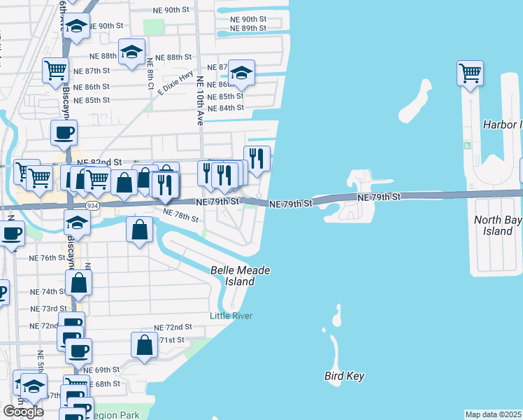 map of restaurants, bars, coffee shops, grocery stores, and more near in Miami