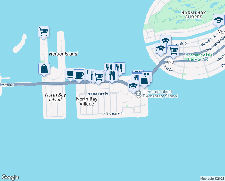 map of restaurants, bars, coffee shops, grocery stores, and more near 1666 79th Street Causeway in North Bay Village