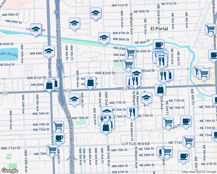 map of restaurants, bars, coffee shops, grocery stores, and more near 7928 Northwest 1st Place in Miami