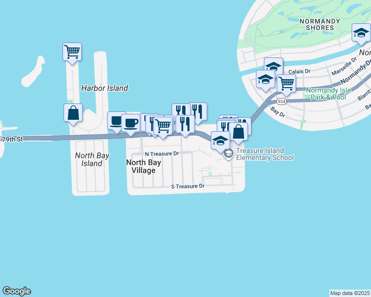 map of restaurants, bars, coffee shops, grocery stores, and more near 1666 79th Street Causeway in North Bay Village