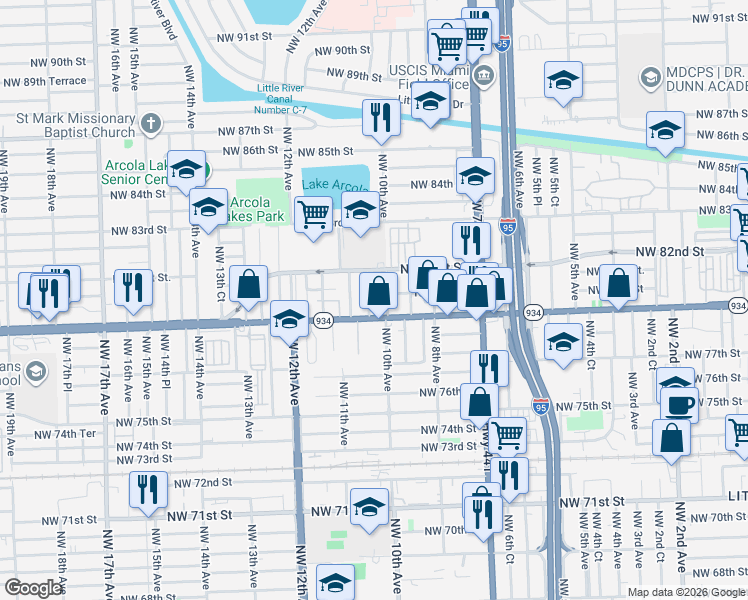 map of restaurants, bars, coffee shops, grocery stores, and more near 7959 Northwest 10th Court in Miami