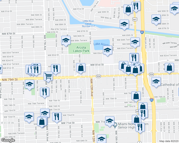 map of restaurants, bars, coffee shops, grocery stores, and more near 1151-1175 Northwest 79th Street in Miami