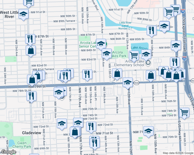 map of restaurants, bars, coffee shops, grocery stores, and more near 8000 Northwest 14th Place in Miami