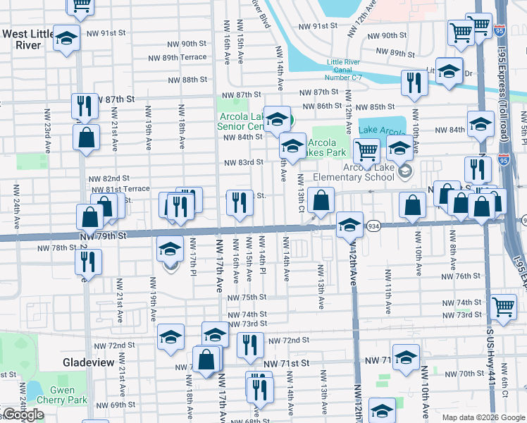 map of restaurants, bars, coffee shops, grocery stores, and more near 8000 Northwest 14th Place in Miami