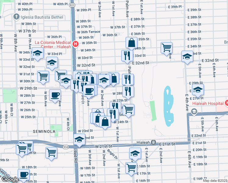 map of restaurants, bars, coffee shops, grocery stores, and more near 100 West 29th Street in Hialeah