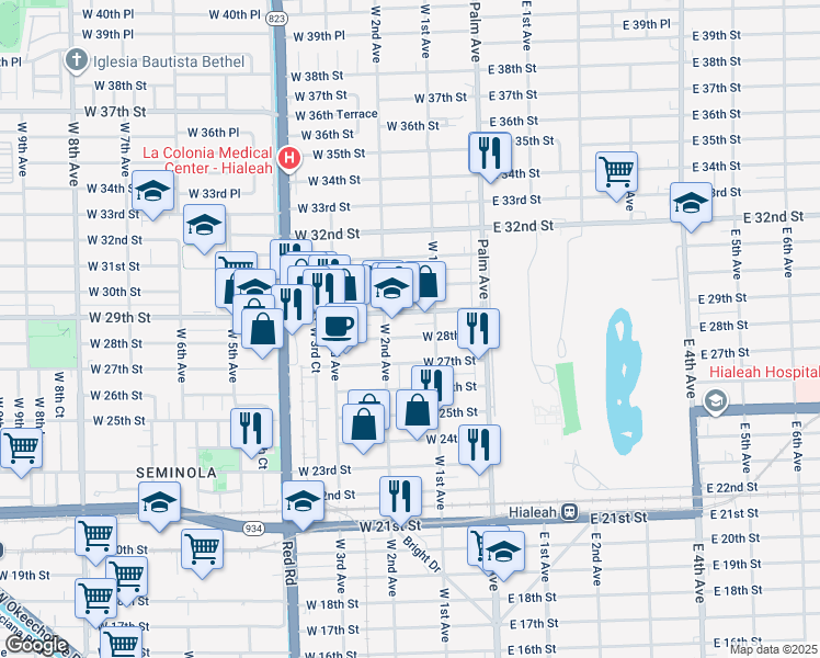 map of restaurants, bars, coffee shops, grocery stores, and more near 2875 West 2nd Avenue in Hialeah