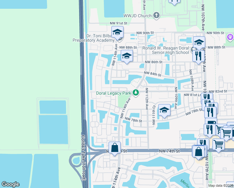 map of restaurants, bars, coffee shops, grocery stores, and more near 11360 Northwest 82nd Terrace in Doral