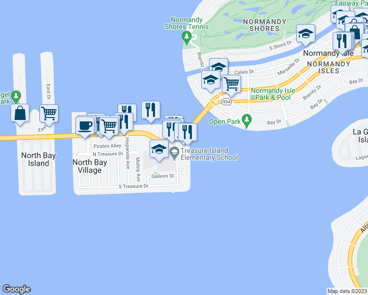 map of restaurants, bars, coffee shops, grocery stores, and more near 7601 East Treasure Drive in North Bay Village
