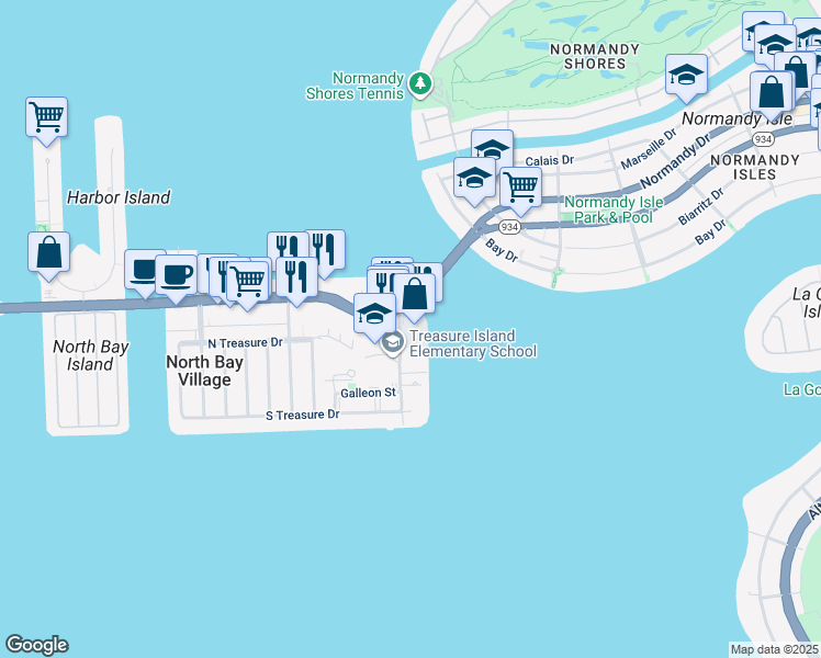 map of restaurants, bars, coffee shops, grocery stores, and more near in North Bay Village