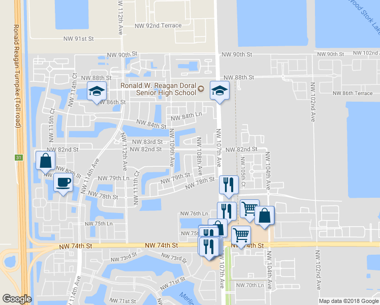 map of restaurants, bars, coffee shops, grocery stores, and more near 10851 Northwest 81st Lane in Miami