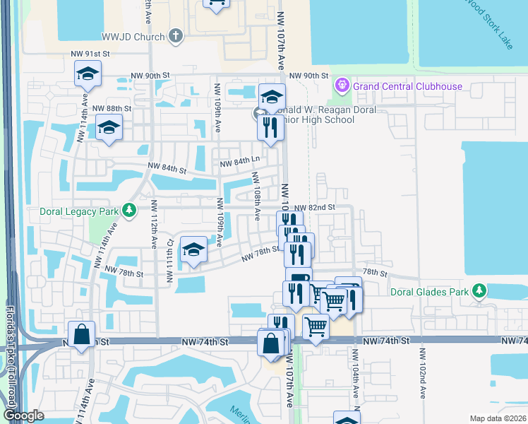 map of restaurants, bars, coffee shops, grocery stores, and more near 10751 Northwest 81st Lane in Doral