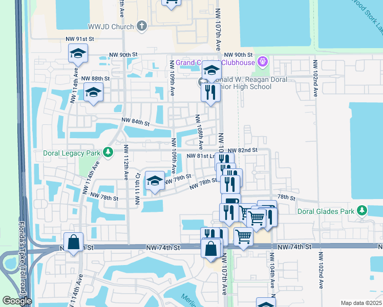 map of restaurants, bars, coffee shops, grocery stores, and more near 10851 Northwest 81st Lane in Miami