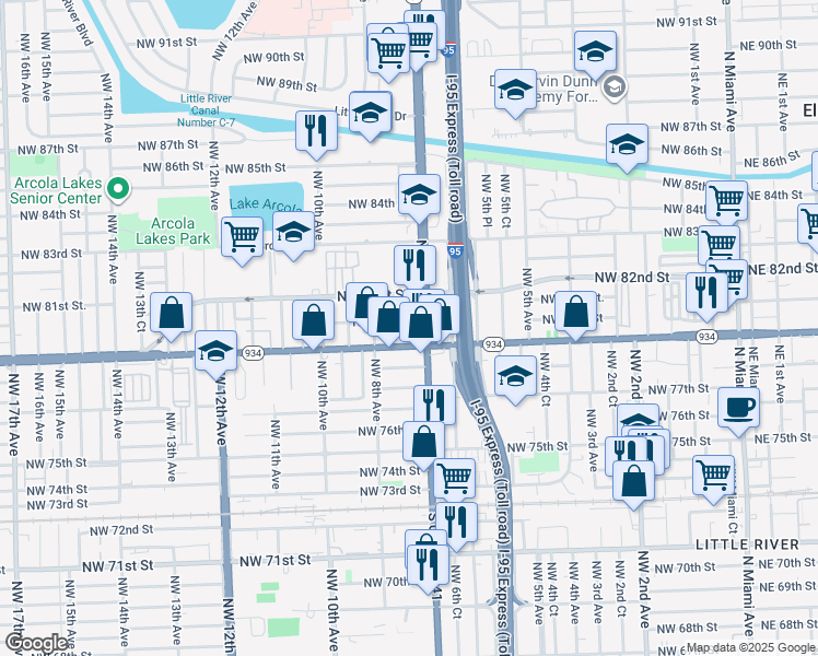 map of restaurants, bars, coffee shops, grocery stores, and more near 8020 Northwest 7th Avenue in Miami