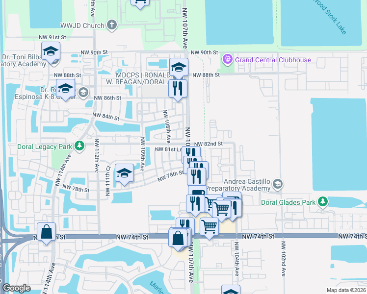 map of restaurants, bars, coffee shops, grocery stores, and more near 10751 Northwest 81st Lane in Doral