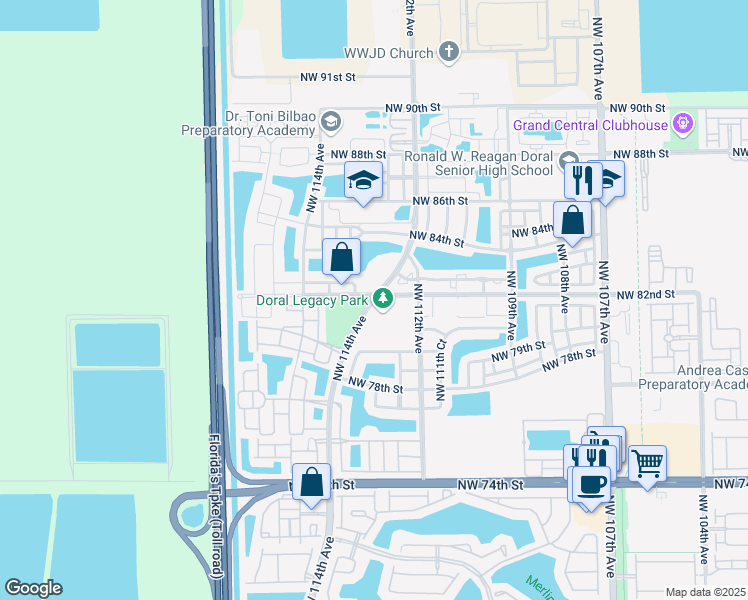 map of restaurants, bars, coffee shops, grocery stores, and more near 8900 Northwest 114th Avenue in Doral