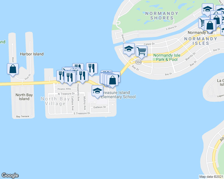map of restaurants, bars, coffee shops, grocery stores, and more near in North Bay Village