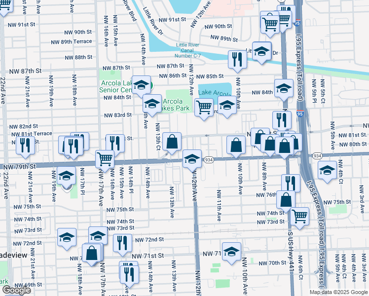 map of restaurants, bars, coffee shops, grocery stores, and more near 8079 Northwest 12th Place in Miami