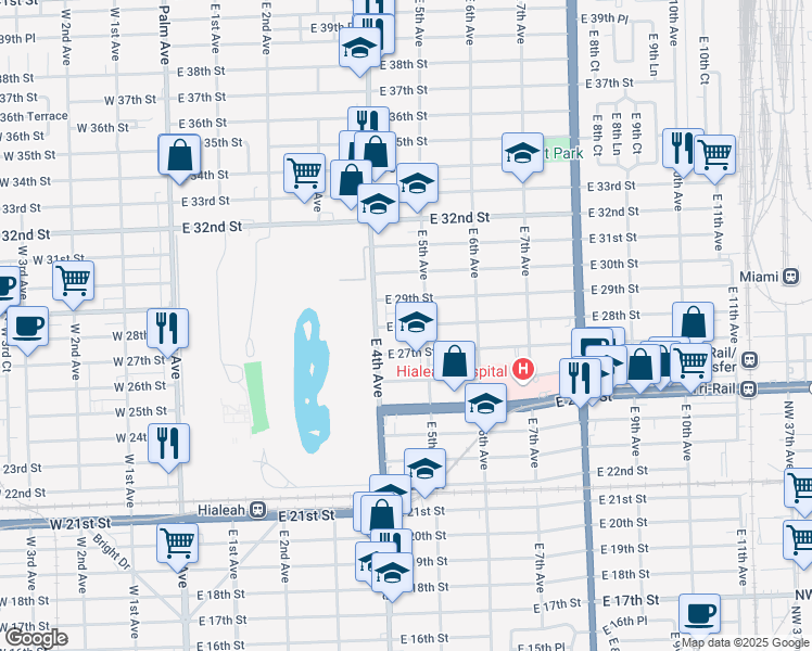 map of restaurants, bars, coffee shops, grocery stores, and more near 499 East 28th Street in Hialeah