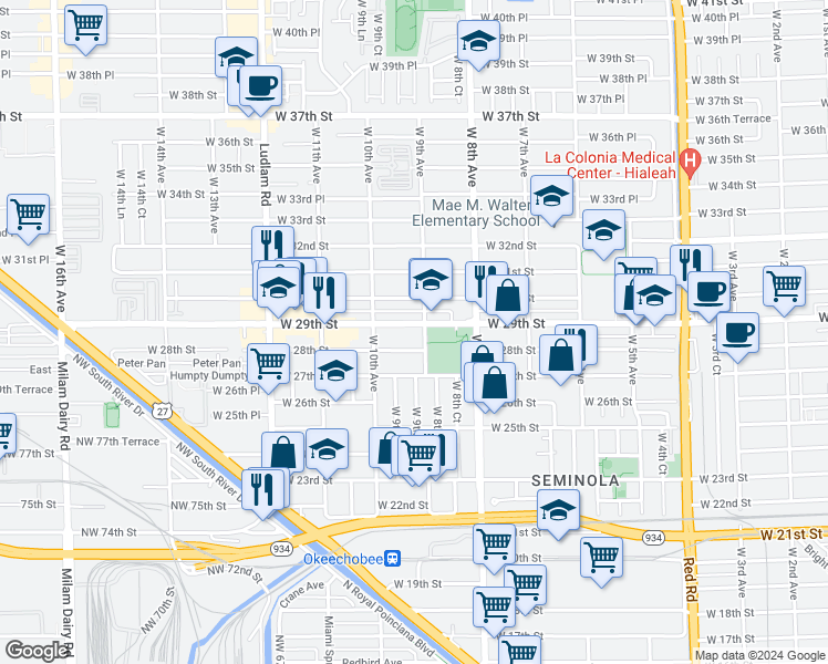 map of restaurants, bars, coffee shops, grocery stores, and more near 114 West 29th Street in Hialeah