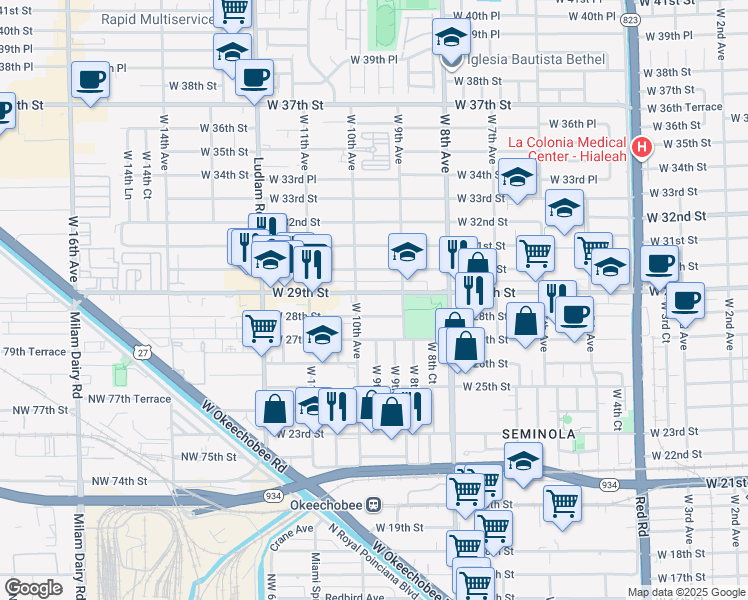 map of restaurants, bars, coffee shops, grocery stores, and more near 114 West 29th Street in Hialeah