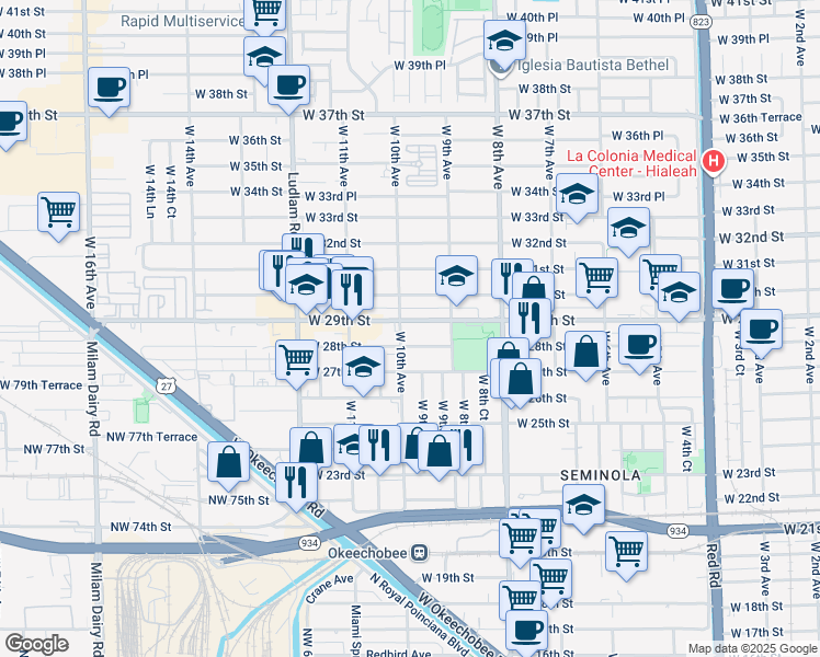 map of restaurants, bars, coffee shops, grocery stores, and more near 1006 West 29th Street in Hialeah
