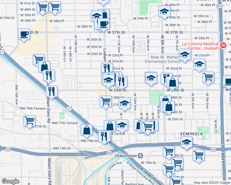map of restaurants, bars, coffee shops, grocery stores, and more near 1167 West 29th Street in Hialeah